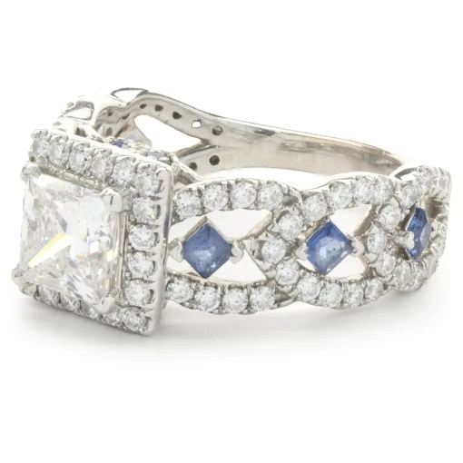 14 Karat White Gold Princess Cut Diamond and Sapphire Engagement Ring