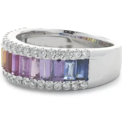 14 Karat White Gold Rainbow Sapphire and Diamond Ring