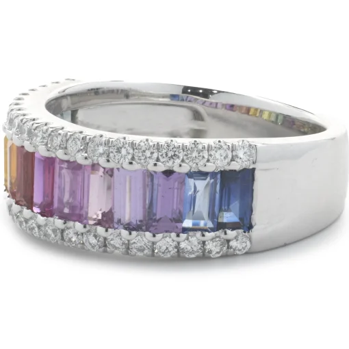14 Karat White Gold Rainbow Sapphire and Diamond Ring