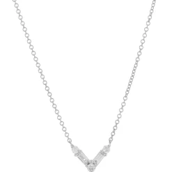 14 Karat White Gold Round and Baguette Cut Diamond V Necklace