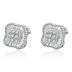 14 Karat White Gold Round and Baguette Cut Diamond Cluster Stud Earrings