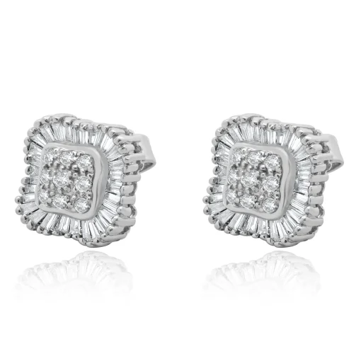 14 Karat White Gold Round and Baguette Cut Diamond Cluster Stud Earrings