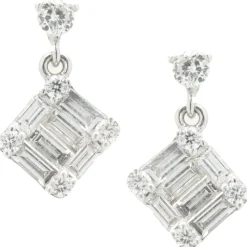 14 Karat White Gold Round and Baguette Cut Diamond Mosaic Set Drop Earrings