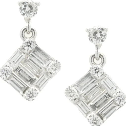 14 Karat White Gold Round and Baguette Cut Diamond Mosaic Set Drop Earrings