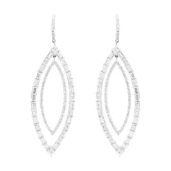 18 Karat White Gold Round and Baguette Cut Diamond Marquise Shape Cut Out Drop Earrings