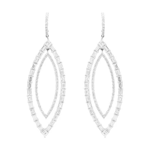 18 Karat White Gold Round and Baguette Cut Diamond Marquise Shape Cut Out Drop Earrings