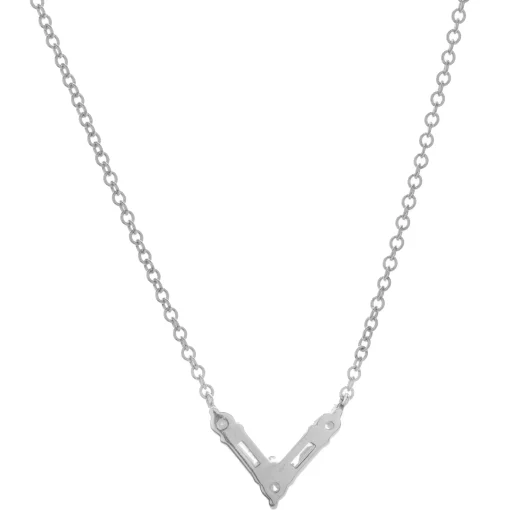 14 Karat White Gold Round and Baguette Cut Diamond V Necklace