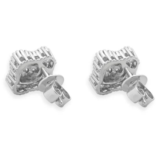 14 Karat White Gold Round and Baguette Cut Diamond Cluster Stud Earrings