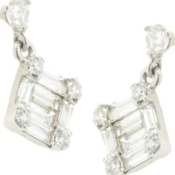 14 Karat White Gold Round and Baguette Cut Diamond Mosaic Set Drop Earrings