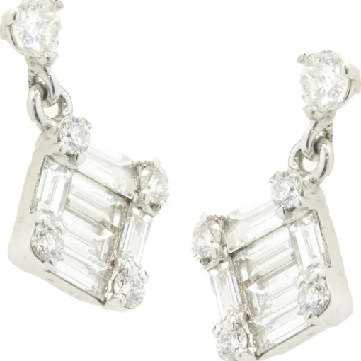 14 Karat White Gold Round and Baguette Cut Diamond Mosaic Set Drop Earrings