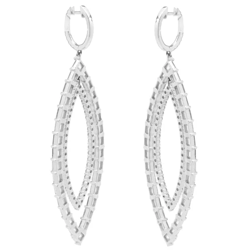 18 Karat White Gold Round and Baguette Cut Diamond Marquise Shape Cut Out Drop Earrings