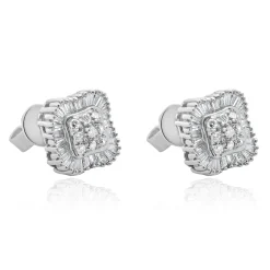 14 Karat White Gold Round and Baguette Cut Diamond Cluster Stud Earrings
