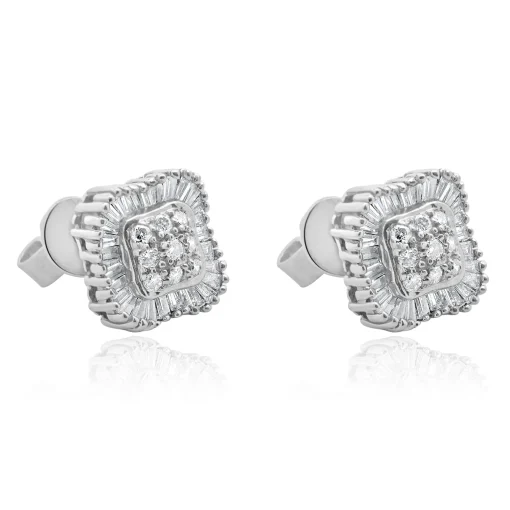 14 Karat White Gold Round and Baguette Cut Diamond Cluster Stud Earrings