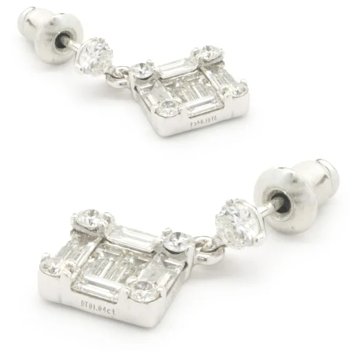 14 Karat White Gold Round and Baguette Cut Diamond Mosaic Set Drop Earrings