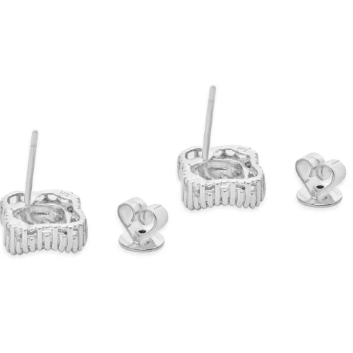 14 Karat White Gold Round and Baguette Cut Diamond Cluster Stud Earrings