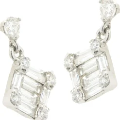 14 Karat White Gold Round and Baguette Cut Diamond Mosaic Set Drop Earrings
