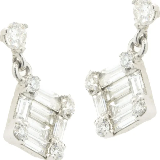14 Karat White Gold Round and Baguette Cut Diamond Mosaic Set Drop Earrings