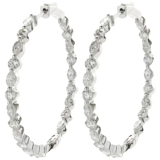 18 Karat White Gold Round Brilliant & Marquise Diamond Inside Outside Hoop Earrings