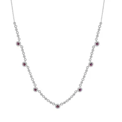 14 Karat White Gold Ruby and Diamond Halo Station Necklace