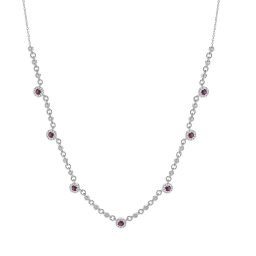 14 Karat White Gold Ruby and Diamond Halo Station Necklace