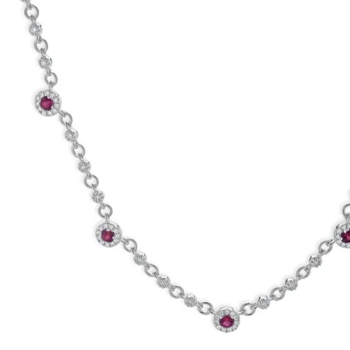 14 Karat White Gold Ruby and Diamond Halo Station Necklace