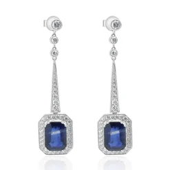 18 Karat White Gold Sapphire and Diamond Halo Drop Earrings