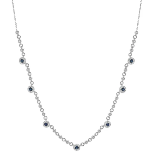 14 Karat White Gold Sapphire and Diamond Halo Station Necklace