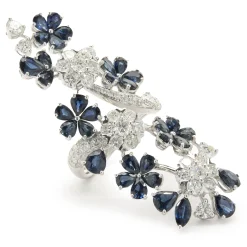 18 Karat White Gold Sapphire and Diamond Floral Long Finger Ring