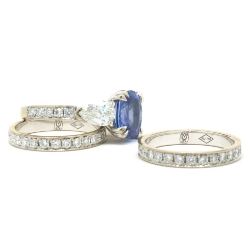18 Karat White Gold Sapphire and Diamond Three Piece Ring Set