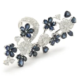 18 Karat White Gold Sapphire and Diamond Floral Long Finger Ring