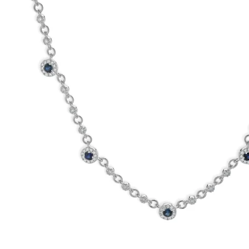 14 Karat White Gold Sapphire and Diamond Halo Station Necklace