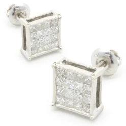 14 Karat White Gold Square Cluster Stud Earrings