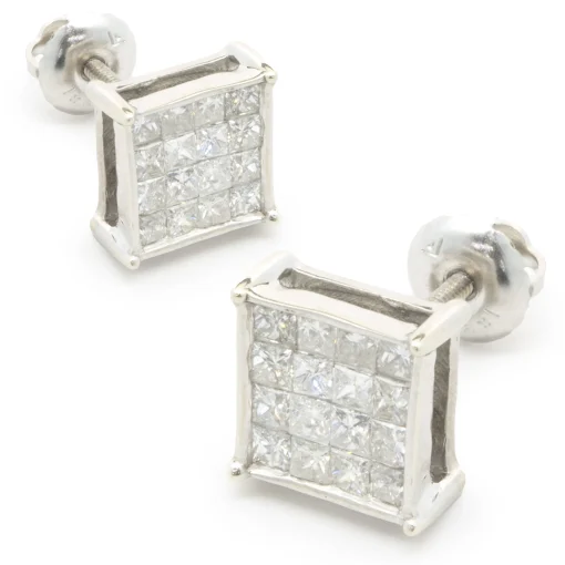 14 Karat White Gold Square Cluster Stud Earrings
