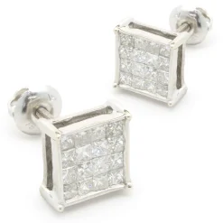 14 Karat White Gold Square Cluster Stud Earrings