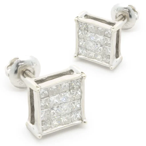 14 Karat White Gold Square Cluster Stud Earrings