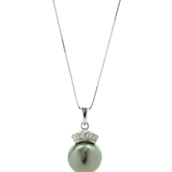 14 Karat White Gold Tahitian Pearl and Diamond Crown Necklace