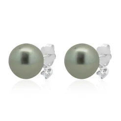 14 Karat White Gold Tahitian Pearl and Diamond Stud Earrings