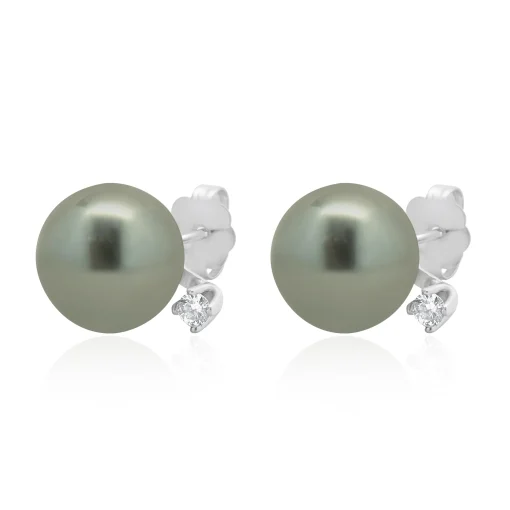 14 Karat White Gold Tahitian Pearl and Diamond Stud Earrings