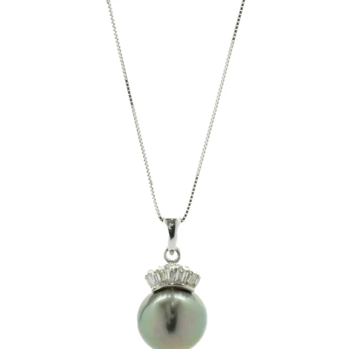 14 Karat White Gold Tahitian Pearl and Diamond Crown Necklace