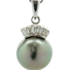 14 Karat White Gold Tahitian Pearl and Diamond Crown Necklace
