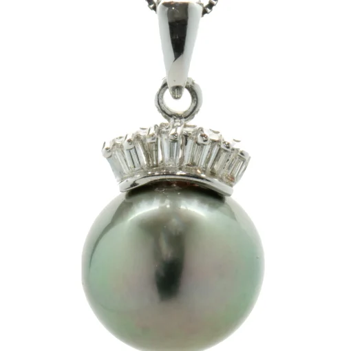 14 Karat White Gold Tahitian Pearl and Diamond Crown Necklace