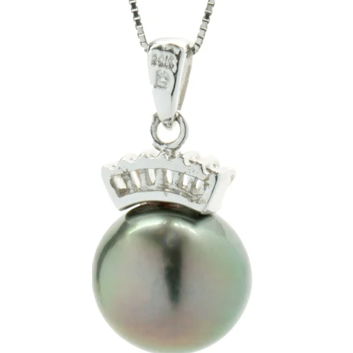 14 Karat White Gold Tahitian Pearl and Diamond Crown Necklace