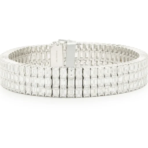 18 Karat White Gold Three Row Emerald Cut Diamond Bracelet