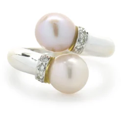 18 Karat White Gold White and Pink Pearl and Diamond Bypass Ring