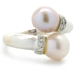 18 Karat White Gold White and Pink Pearl and Diamond Bypass Ring