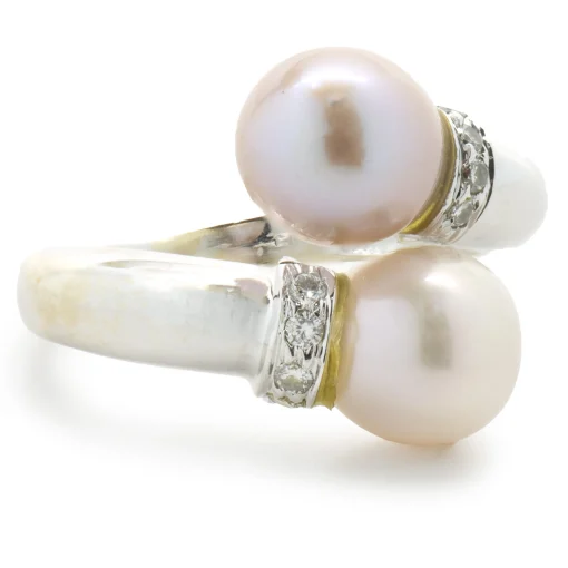 18 Karat White Gold White and Pink Pearl and Diamond Bypass Ring