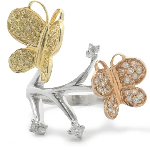 18 Karat White, Rose, and Yellow Gold Pave Diamond Butterfly Ring