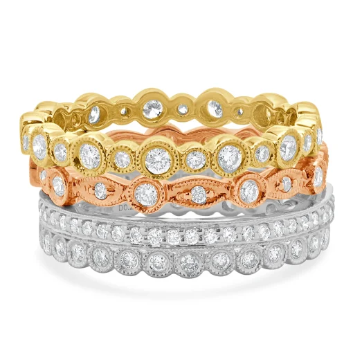 18 Karat White, Yellow, and Rose Gold Diamond Four Band Stack Set