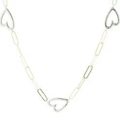 14 Karat Yellow & White Gold Paperclip Open Heart Station Necklace