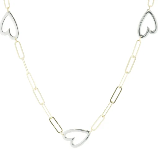 14 Karat Yellow & White Gold Paperclip Open Heart Station Necklace